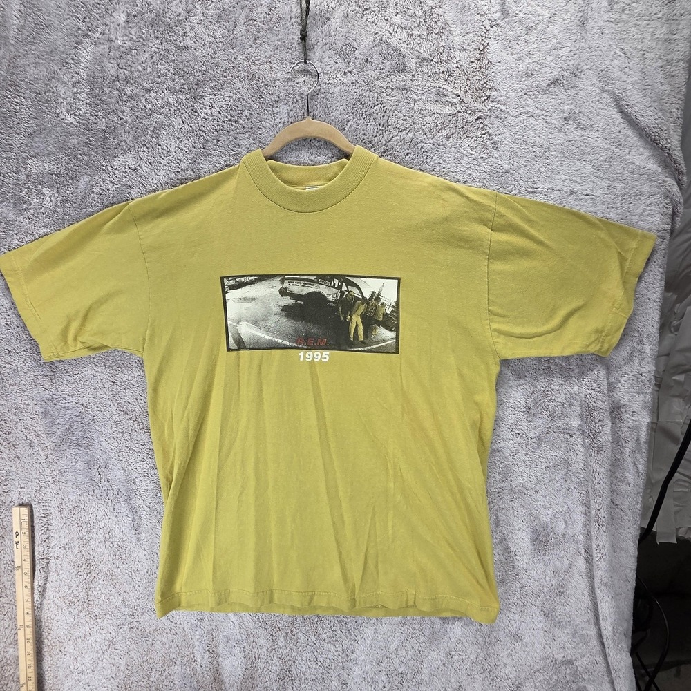 Vintage R.E.M. Shirt Mens XL Yellow 1995 Monster World Tour Graphic Band Tee 90s